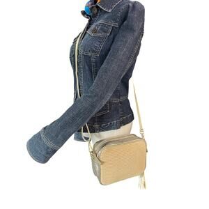 Elie Beaumont London Gold Leather Raffia Crossbody Camera Bag Italy